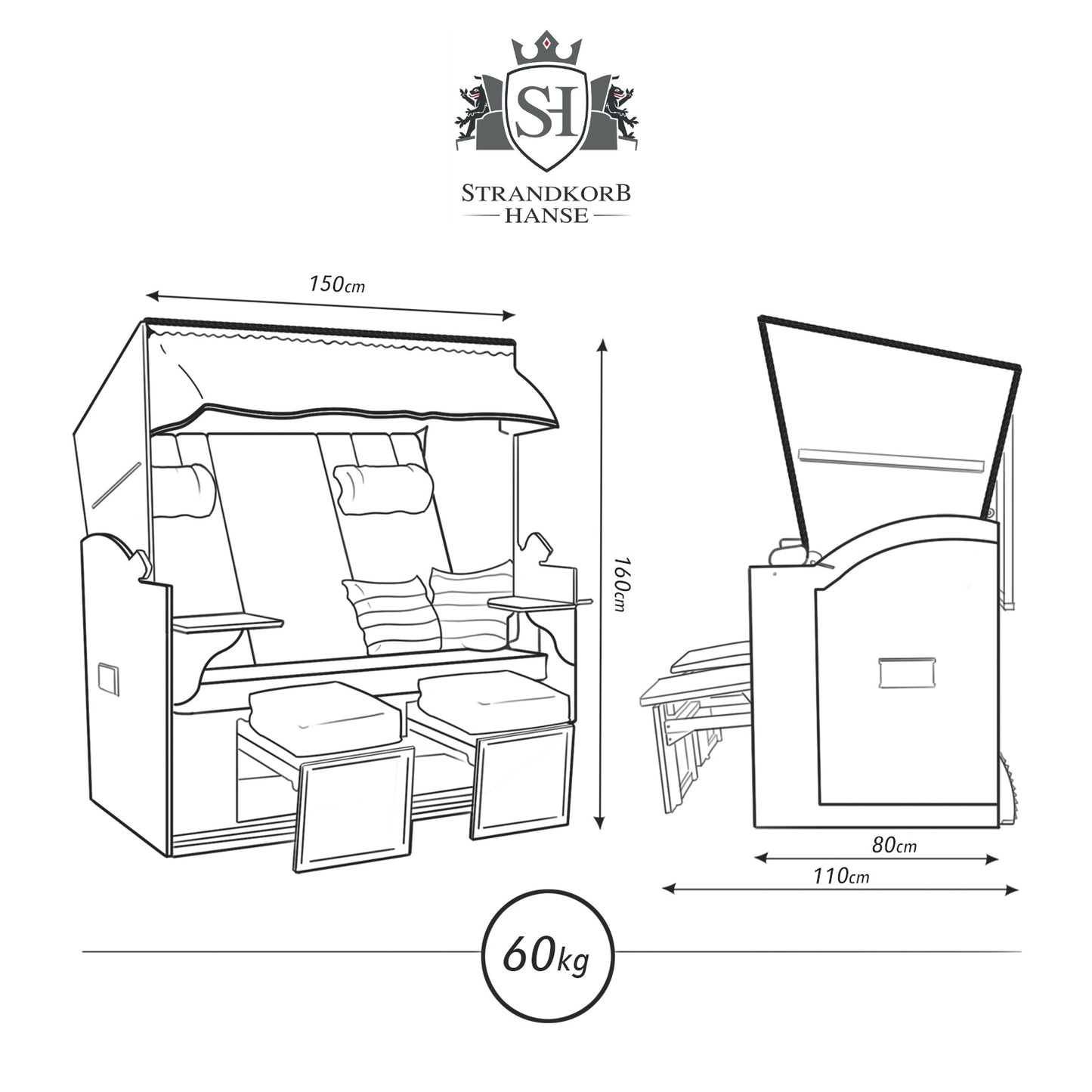 XXL Premium Strandkorb Royal Vollholz Polyrattan 2-Sitzer Holz Uni Anthrazit