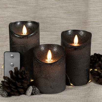 3er Set LED Echtwachs Wachskerze Stumpenkerze Kerze flammenlos anthrazit