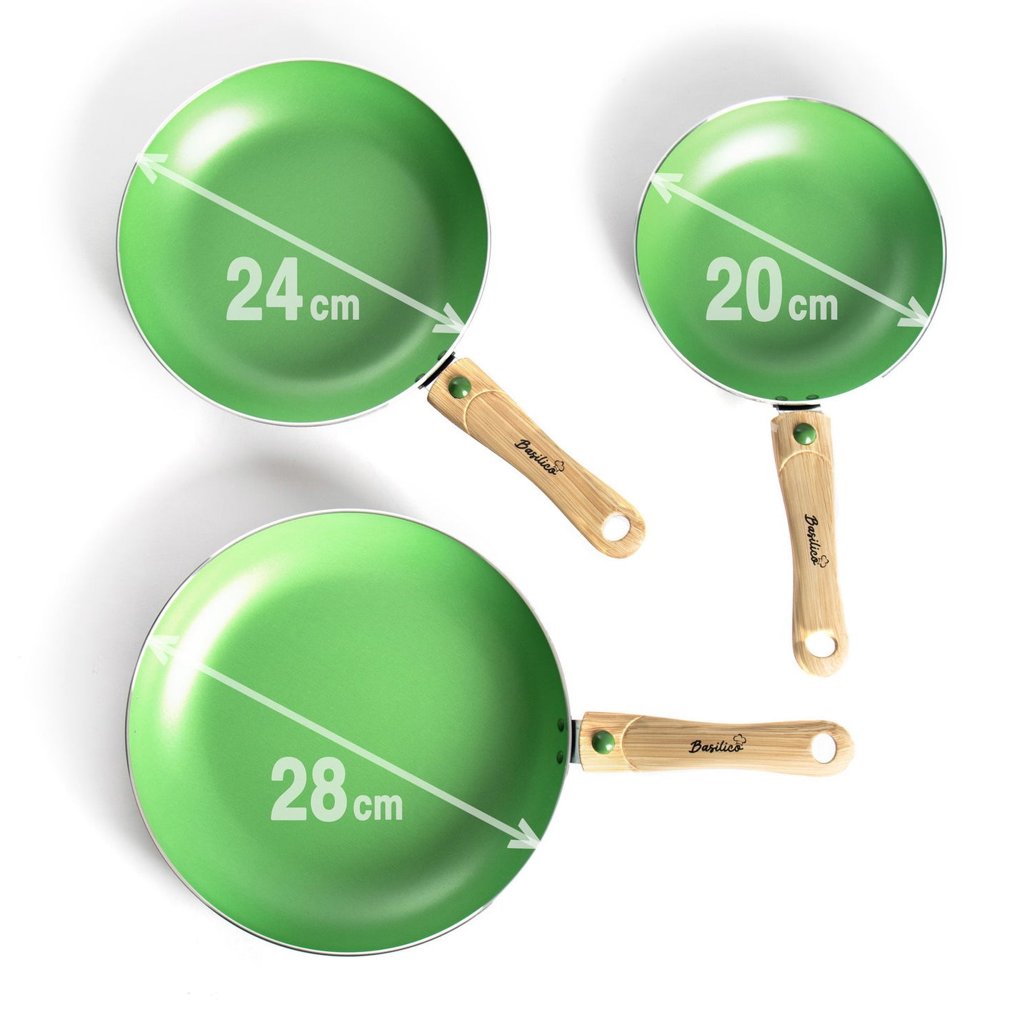 3tlg. Pfannen Set grün Bratpfannen Ø20/24/28cm antihaft Griffe abnehmbar Elektro
