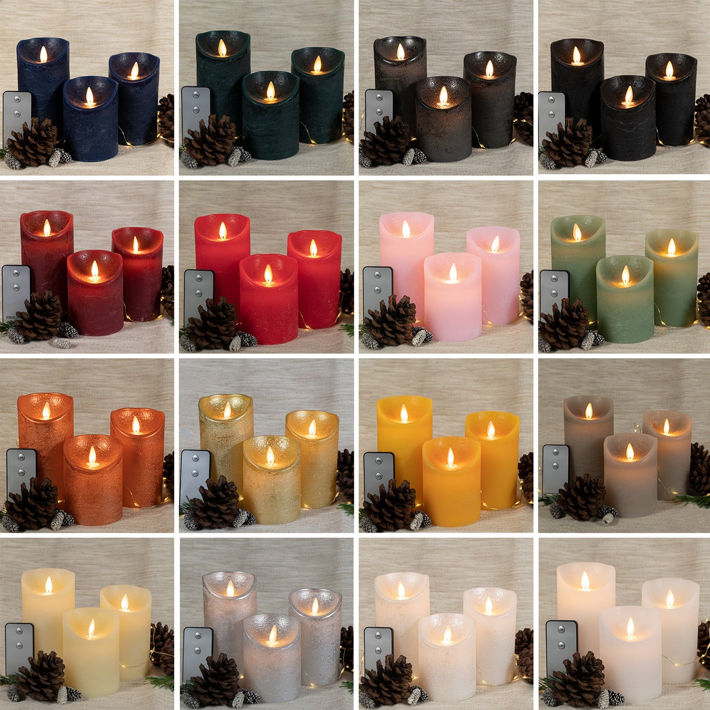 3er Set LED Echtwachs Wachskerze Stumpenkerze Kerze flammenlos anthrazit